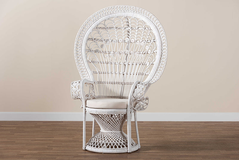 Rondell Modern Bohemian White Natural Rattan Peacock Chair