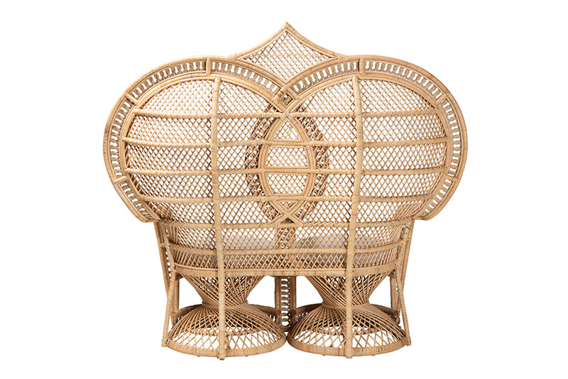 Idana Modern Bohemian Natural Brown Rattan Two-Seater Peacock Chair