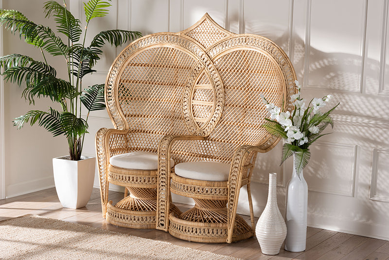 Idana Modern Bohemian Natural Brown Rattan Two-Seater Peacock Chair