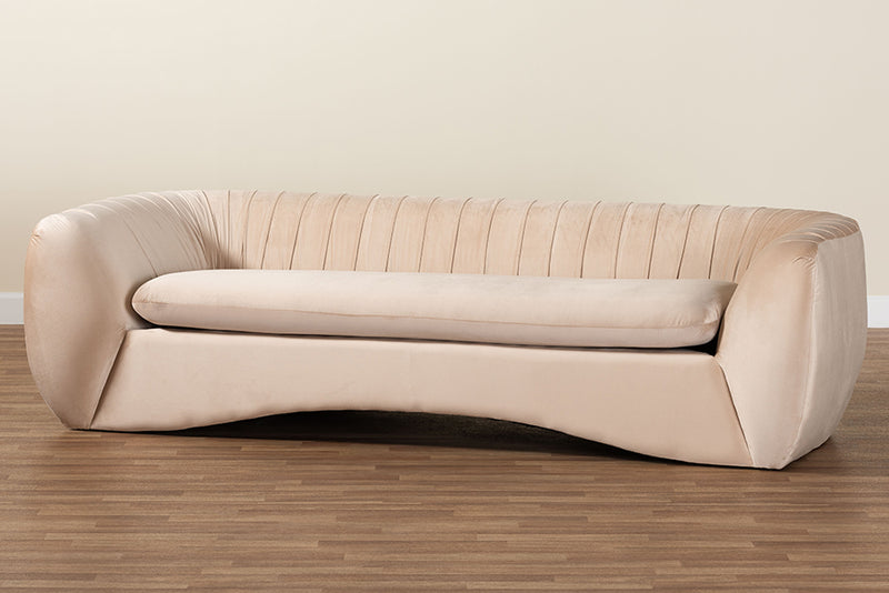 Charlottle Glam and Luxe Champagne Beige Velvet Fabric Sofa