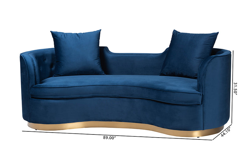 Norman Glam and Luxe Navy Blue Velvet and Brushed Gold Metal Sofa