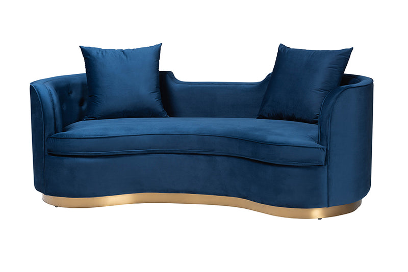 Norman Glam and Luxe Navy Blue Velvet and Brushed Gold Metal Sofa