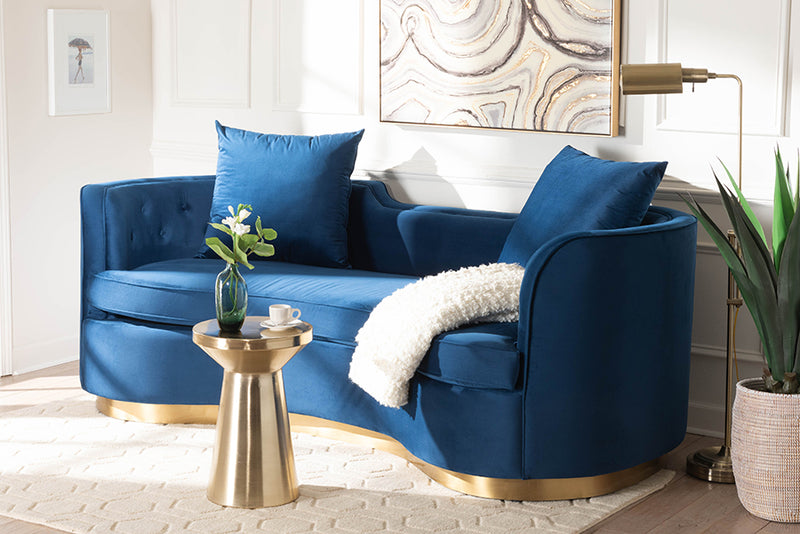 Norman Glam and Luxe Navy Blue Velvet and Brushed Gold Metal Sofa