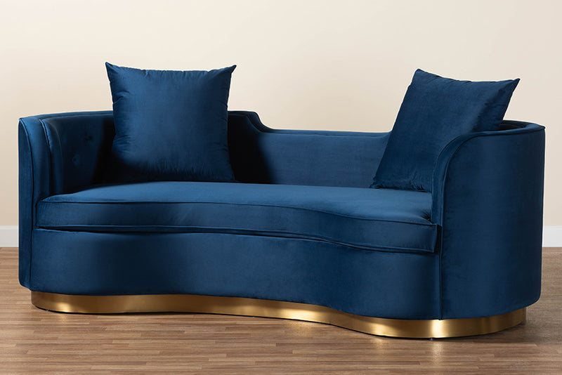 Norman Glam and Luxe Navy Blue Velvet and Brushed Gold Metal Sofa