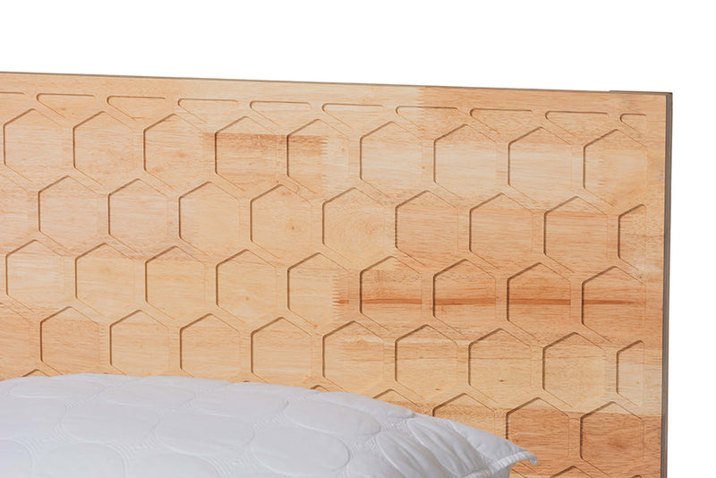 Muriel Japandi Carved Honeycomb Natural Queen Size Platform Bed Baxton
