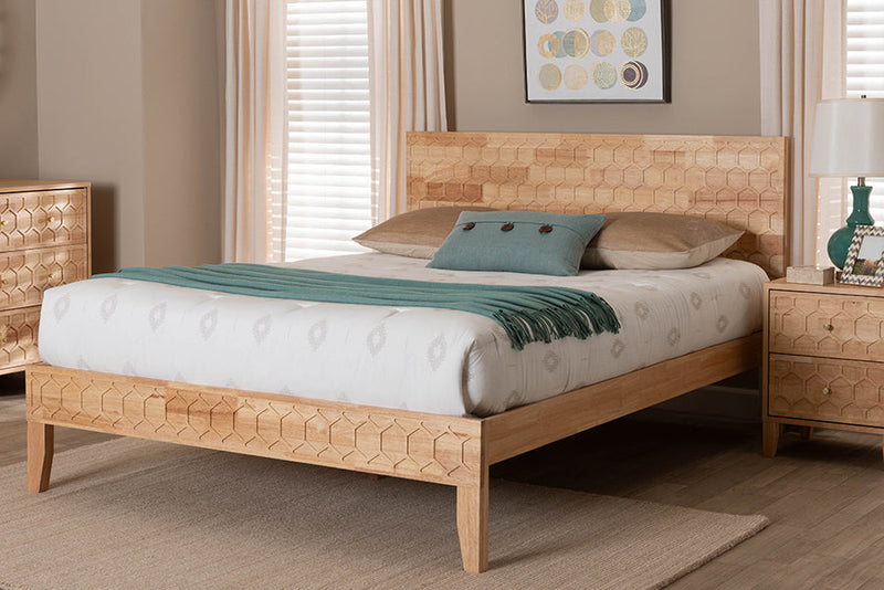 Muriel Japandi Carved Honeycomb Natural Queen Size Platform Bed Baxton