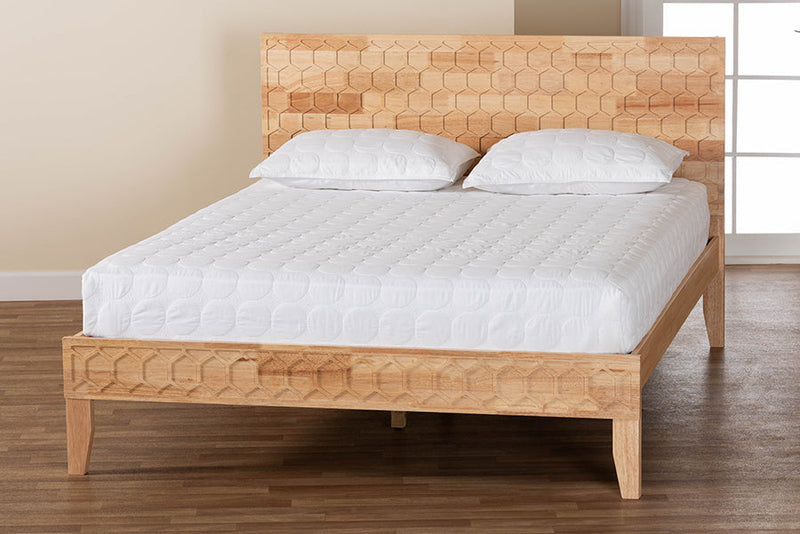 Muriel Japandi Carved Honeycomb Natural Queen Size Platform Bed Baxton