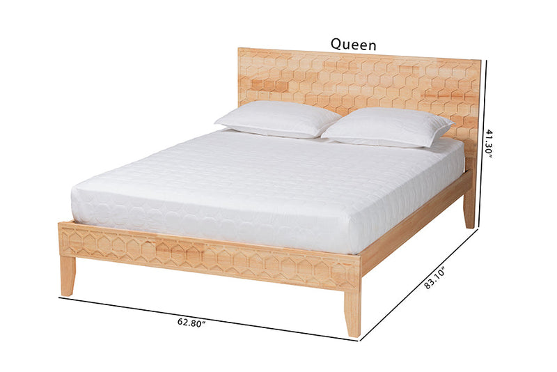 Muriel Japandi Carved Honeycomb Natural Queen Size Platform Bed Baxton