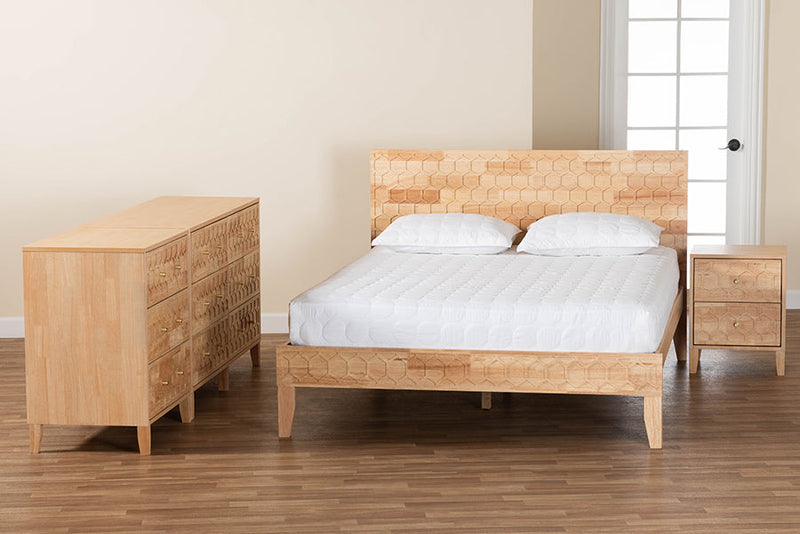 Muriel Japandi Carved Honeycomb Natural King Size 4Pc Bedroom Set Baxton