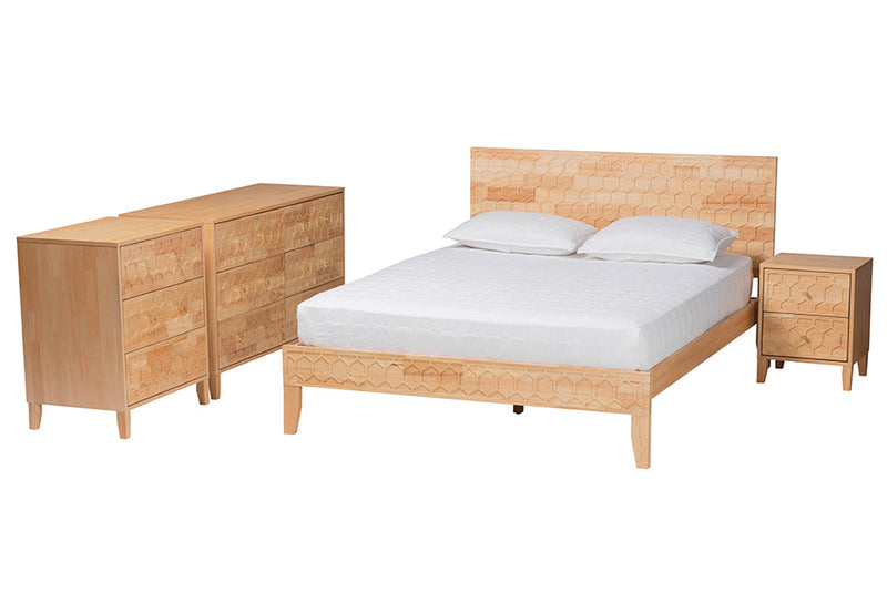 Muriel Japandi Carved Honeycomb Natural King Size 4Pc Bedroom Set Baxton