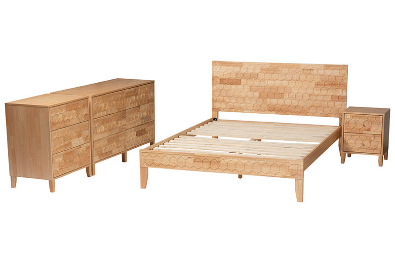 Muriel Japandi Carved Honeycomb Natural King Size 4Pc Bedroom Set Baxton