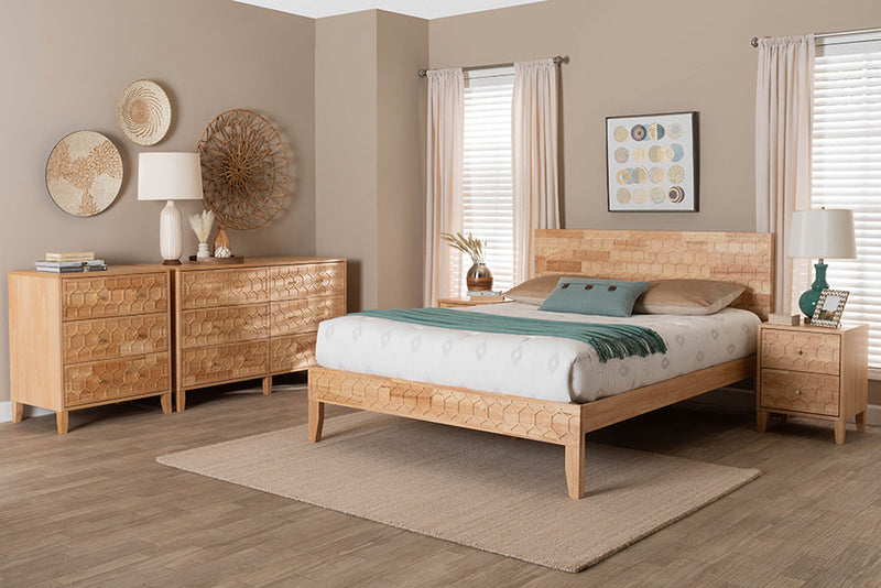 Muriel Japandi Carved Honeycomb Natural Queen Size 5-Piece Bedroom Set Baxton