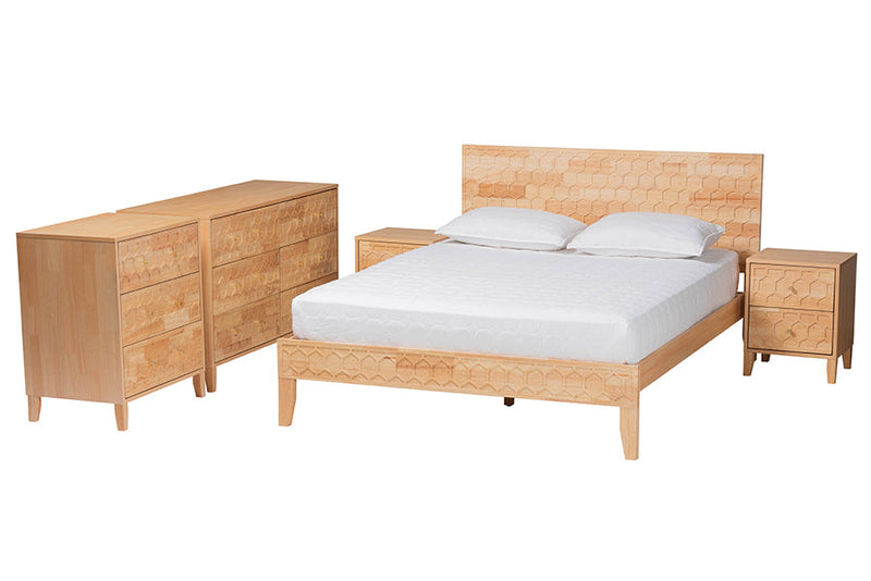 Muriel Japandi Carved Honeycomb Natural King Size 5-Piece Bedroom Set Baxton