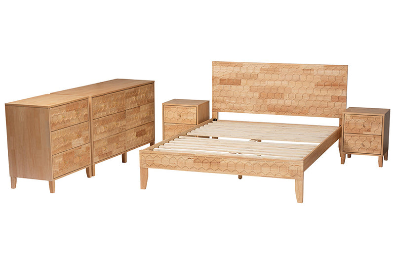 Muriel Japandi Carved Honeycomb Natural King Size 5-Piece Bedroom Set Baxton