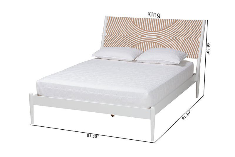 Hazel Coastal White Queen Size Platform Bed w/Carved Contrasting Headboard Baxton