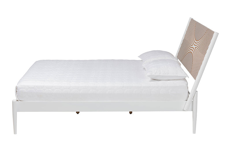 Hazel Coastal White Queen Size Platform Bed w/Carved Contrasting Headboard Baxton