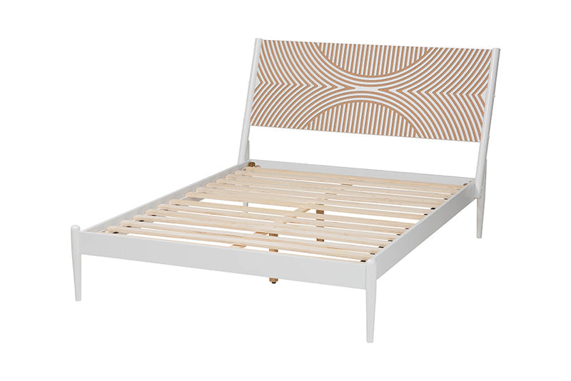 Hazel Coastal White Queen Size Platform Bed w/Carved Contrasting Headboard Baxton