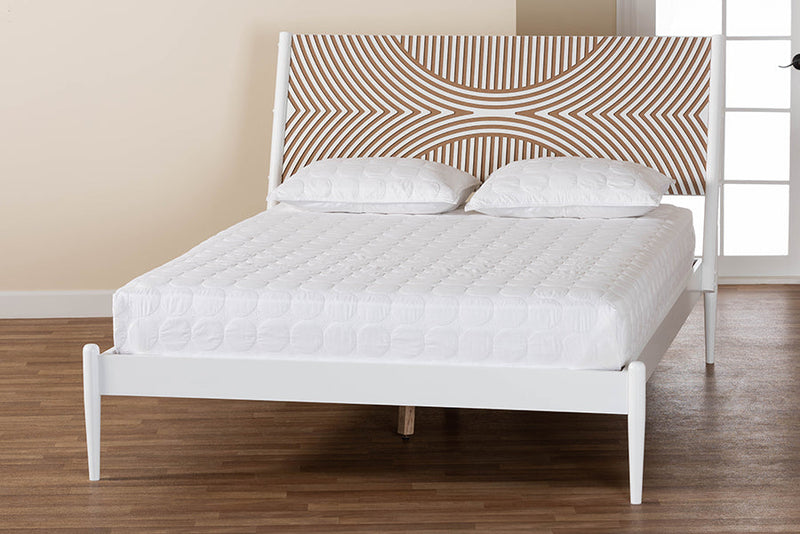 Hazel Coastal White Queen Size Platform Bed w/Carved Contrasting Headboard Baxton