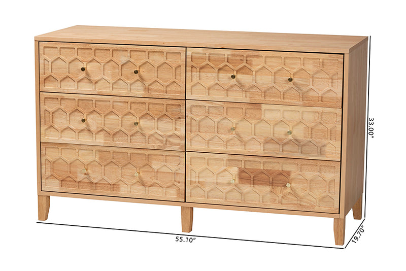 Muriel Japandi Carved Honeycomb Natural 6-Drawer Dresser