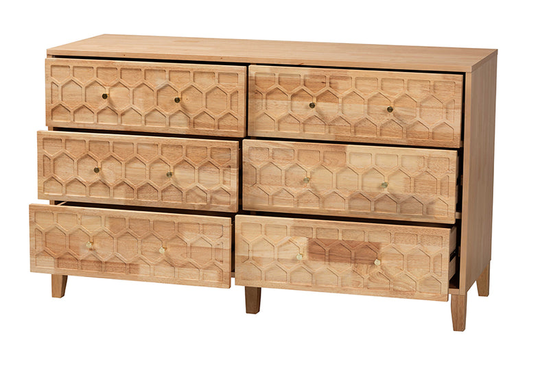 Muriel Japandi Carved Honeycomb Natural 6-Drawer Dresser