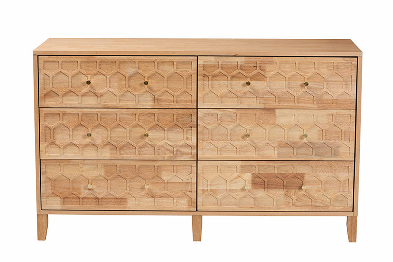 Muriel Japandi Carved Honeycomb Natural 6-Drawer Dresser Baxton