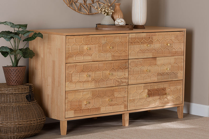 Muriel Japandi Carved Honeycomb Natural 6-Drawer Dresser