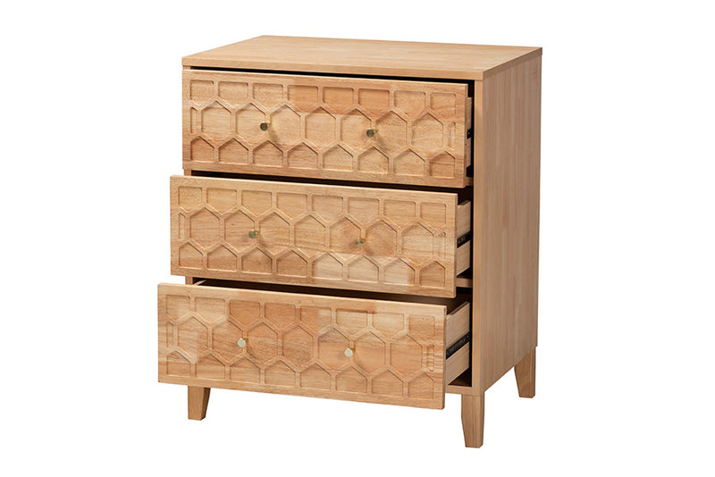 Muriel Japandi Carved Honeycomb Natural 3-Drawer Chest Baxton