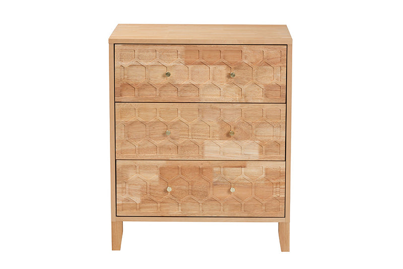 Muriel Japandi Carved Honeycomb Natural 3-Drawer Chest Baxton
