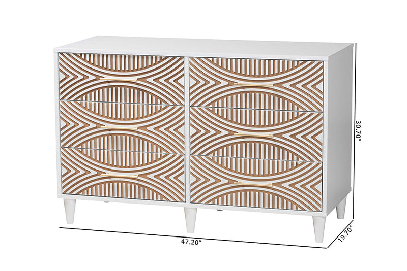 Hazel Coastal White Carved Contrasting 6-Drawer Dresser Baxton