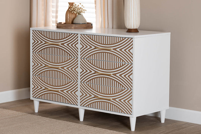 Hazel Coastal White Carved Contrasting 6-Drawer Dresser Baxton