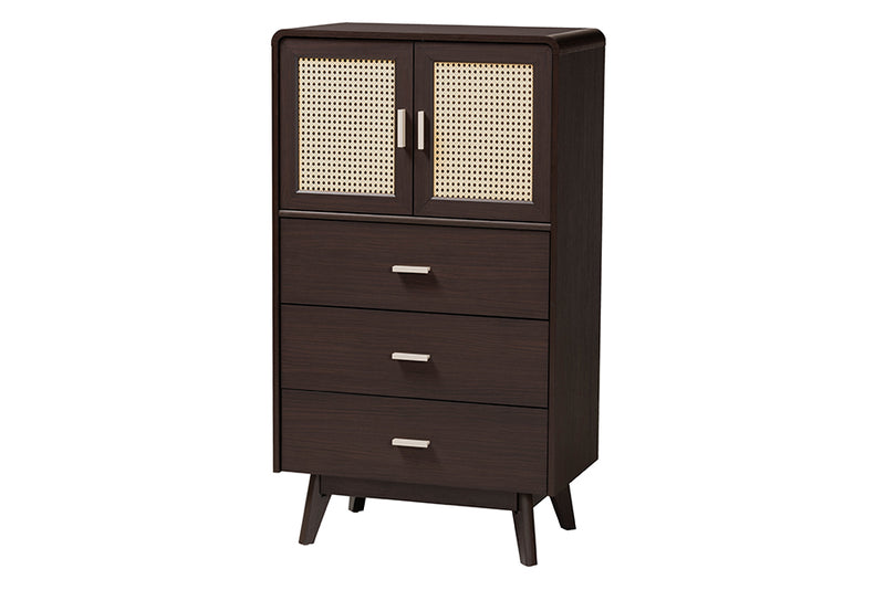 Freya Mid-Century Modern Espresso Brown Wood 3-Drawer Storage Chest w/Rattan door