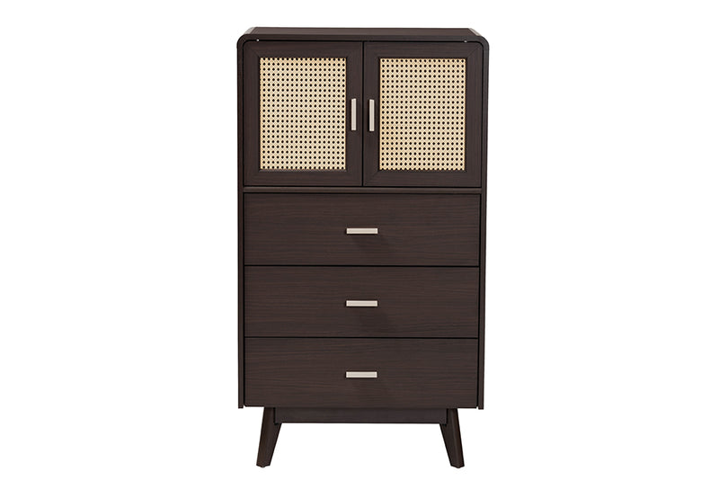 Freya Mid-Century Modern Espresso Brown Wood 3-Drawer Storage Chest w/Rattan door