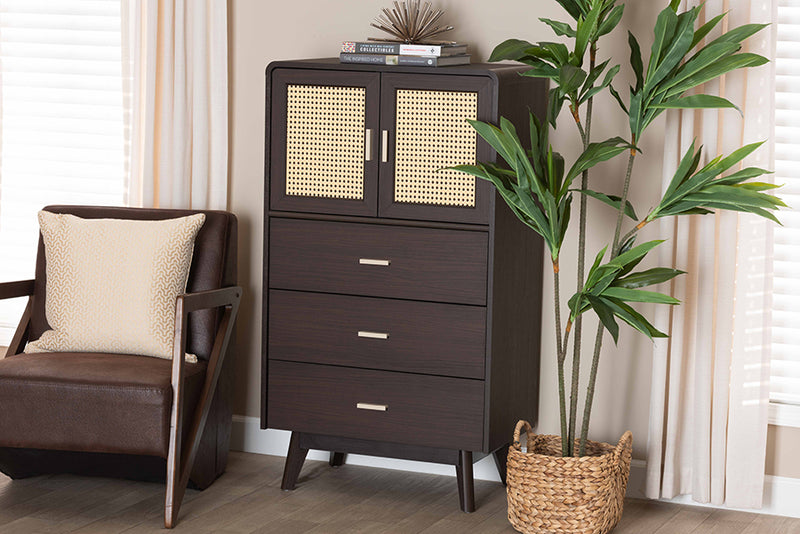 Freya Mid-Century Modern Espresso Brown Wood 3-Drawer Storage Chest w/Rattan door