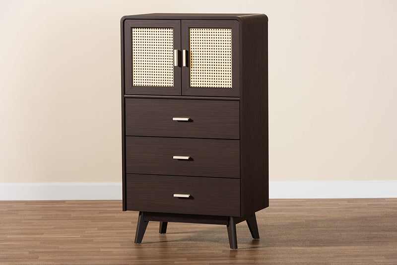 Freya Mid-Century Modern Espresso Brown Wood 3-Drawer Storage Chest w/Rattan door