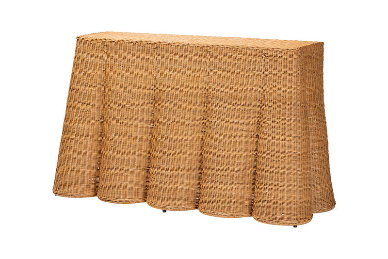 Claire Bohemian Honey Scallop Rattan Console Table Baxton