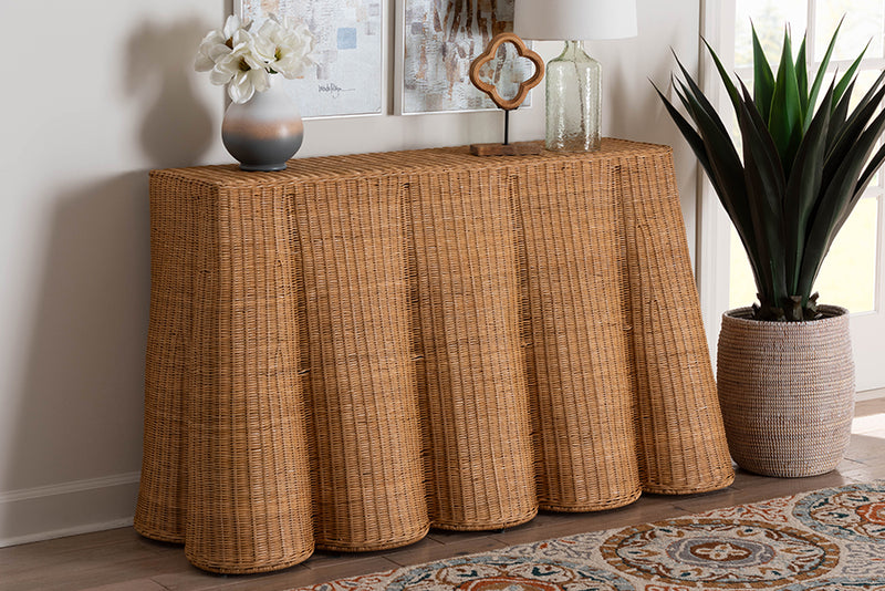 Claire Bohemian Honey Scallop Rattan Console Table