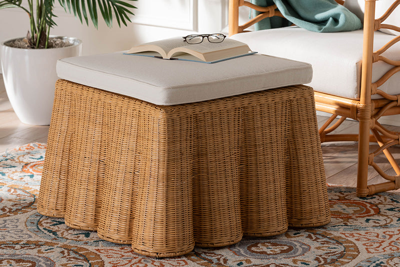 Claire Bohemian Honey Scallop Rattan Ottoman