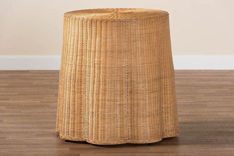 Claire Bohemian Honey Scallop Rattan End Table Baxton