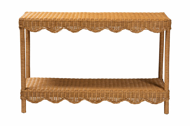 Philip Bohemian Light Honey Scalloped Rattan Console Table Baxton
