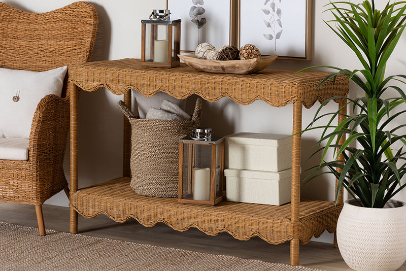 Philip Bohemian Light Honey Scalloped Rattan Console Table