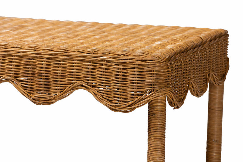 Philip Bohemian Light Honey Scalloped Rattan Side Table Baxton