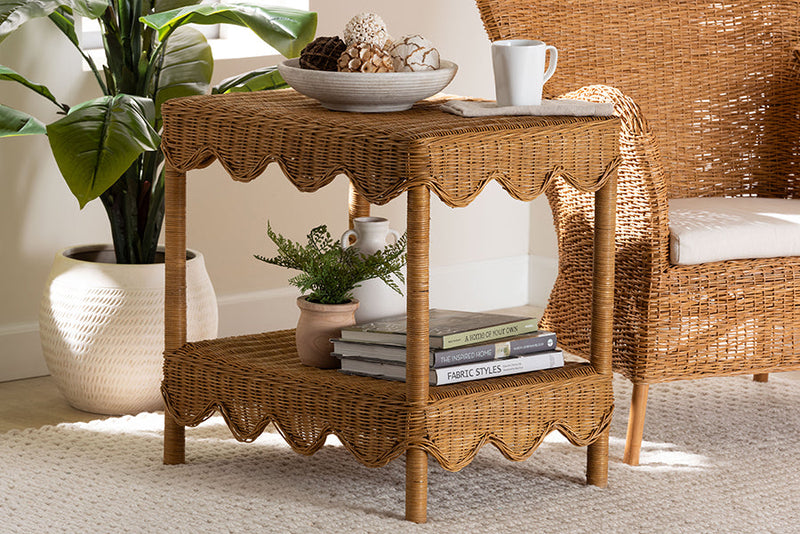 Philip Bohemian Light Honey Scalloped Rattan Side Table Baxton