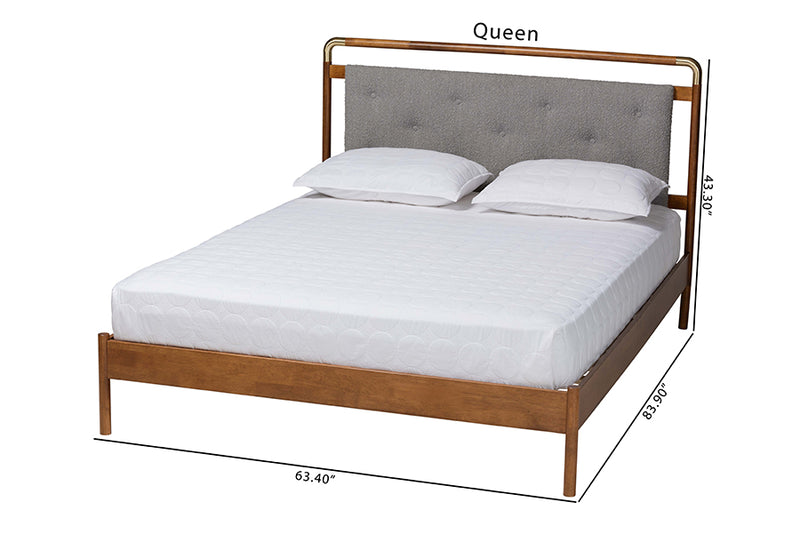 Reverie Mid-Century Light Gray Boucle Fabric and Walnut Brown Wood Queen Size Platform Bed