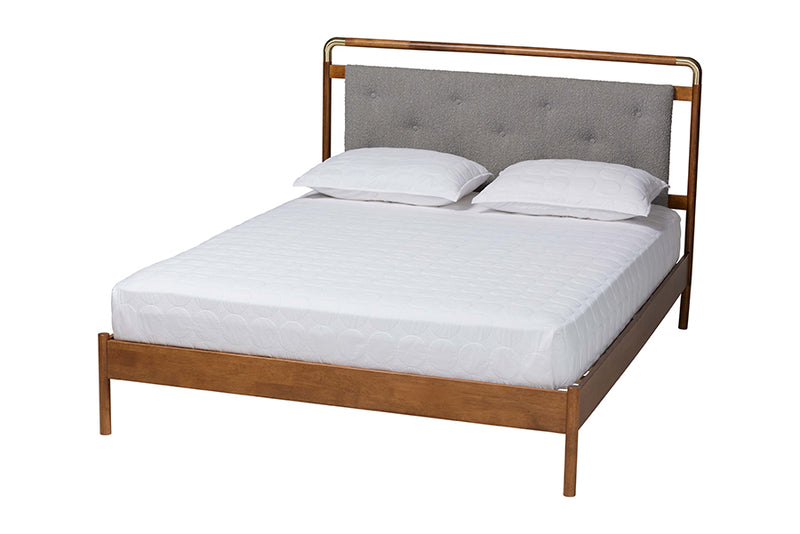 Reverie Mid-Century Light Gray Boucle Fabric and Walnut Brown Wood Queen Size Platform Bed