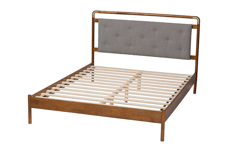 Reverie Mid-Century Light Gray Boucle Fabric and Walnut Brown Wood Queen Size Platform Bed