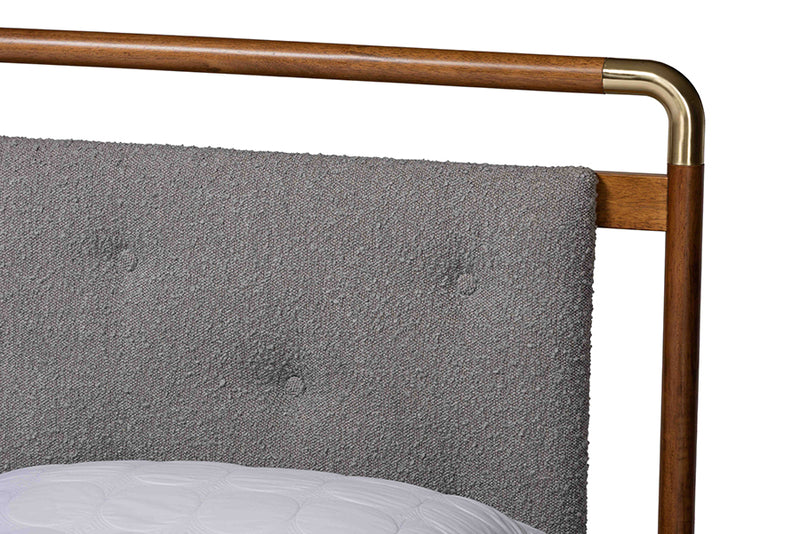 Reverie Mid-Century Light Gray Boucle Fabric and Walnut Brown Wood Queen Size Platform Bed