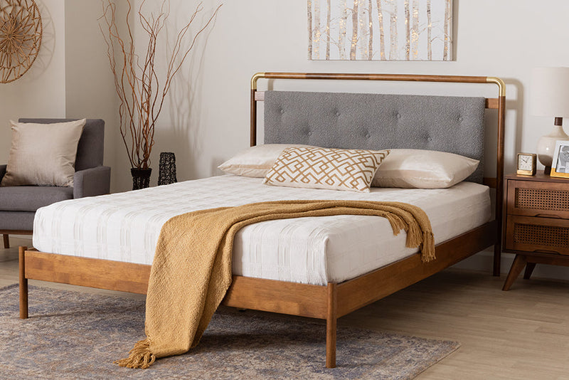 Reverie Light Gray Boucle Fabric and Walnut Brown Wood Queen Size Platform Bed Baxton