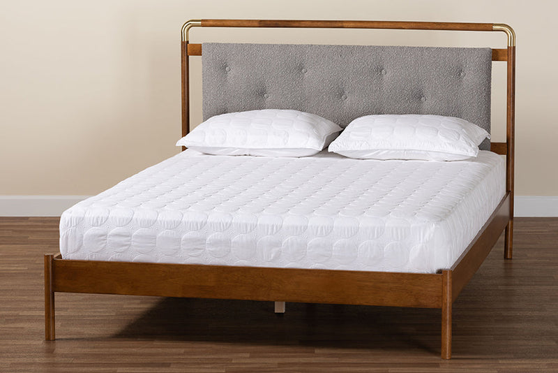 Reverie Light Gray Boucle Fabric and Walnut Brown Wood Queen Size Platform Bed Baxton