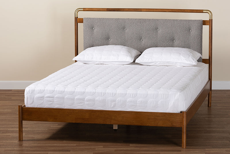 Reverie Mid-Century Light Gray Boucle Fabric and Walnut Brown Wood Queen Size Platform Bed