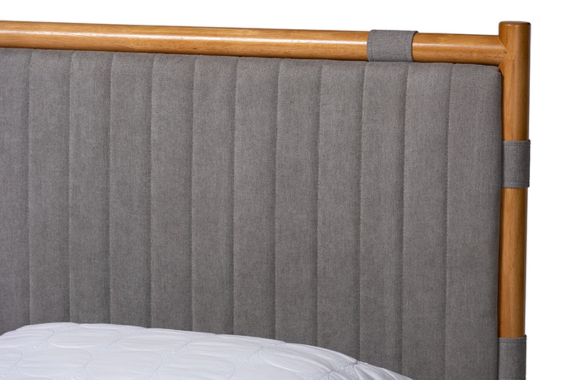 Lavinia Mid-Century Gray Fabric and Oak Brown Wood Queen Size Bed